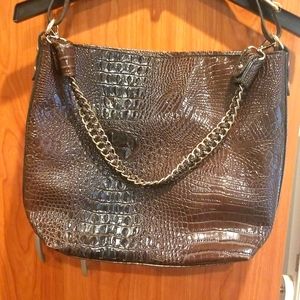 Faux Crocodile embossed brown Tote Bag with gold finished hardwear and chain